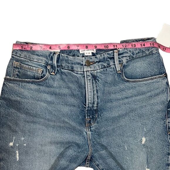 Good American The Weekender Distressed Denim Jeans Indigo Straight Crop NEW 6/28 - Picture 7 of 8